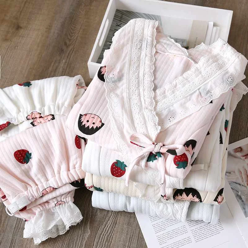 

Japanese kimono autumn and winter ladies pure cotton sweet pregnant women plus size cross nursing home service maternity sleepwe, Required