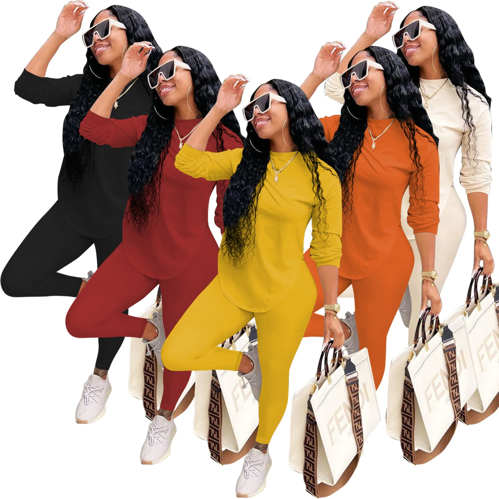 

10906-MX64 solid color long sleeve asymmetrical irregular tshirt 2 piece set women sehe fashion