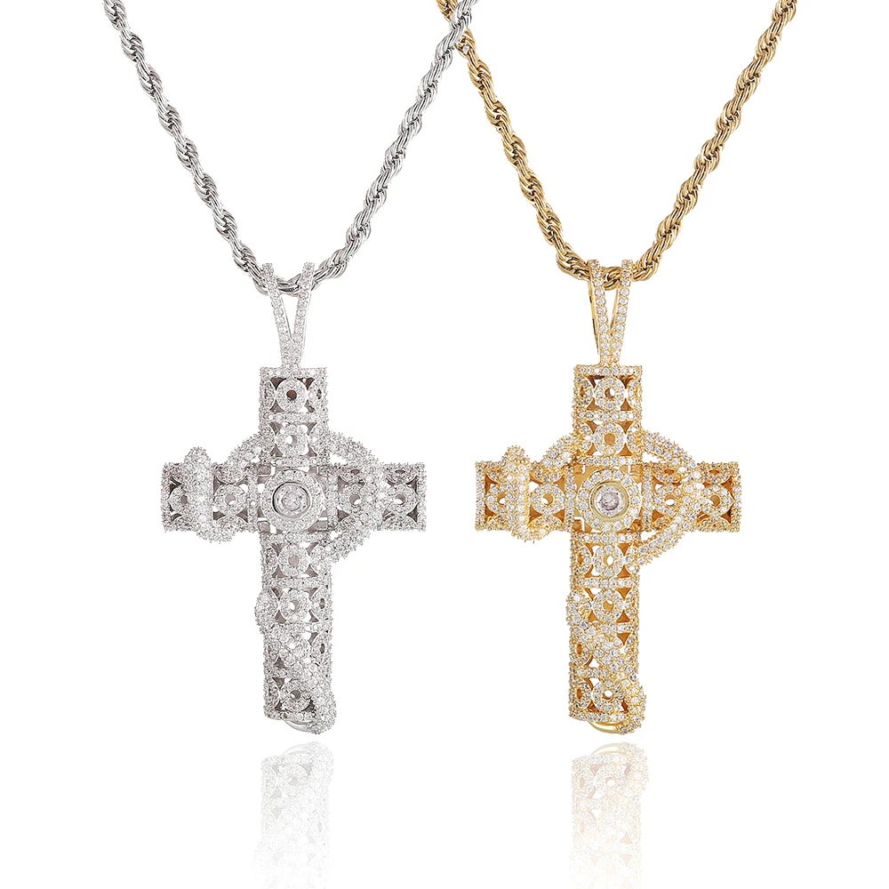 

Creative Men Women Rock Jewelry Gold Color Iced Out 3D Bling Snake Winding Cross Charm Pendant Necklace, Gold/silver