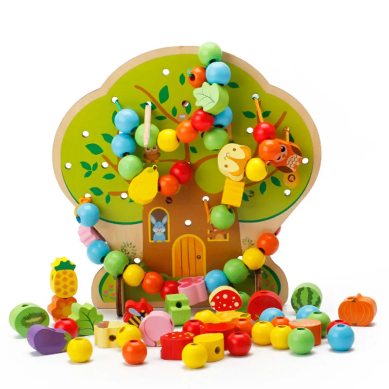 Wooden Lacing Toys Fine Motor Skills with Fruit and Vegetable Beads Threading Wooden Educational Stringing Toy