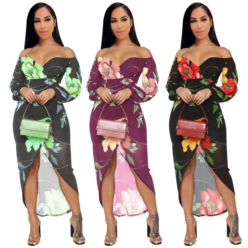 

women's sexy tight-fitting net gauze printed deep V dress cross-border women's clothing split