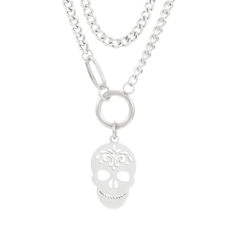 

KALEN Punk Gold/Silver Stainless Steel Double Chain Link Necklace with Skull Pattern Pendant