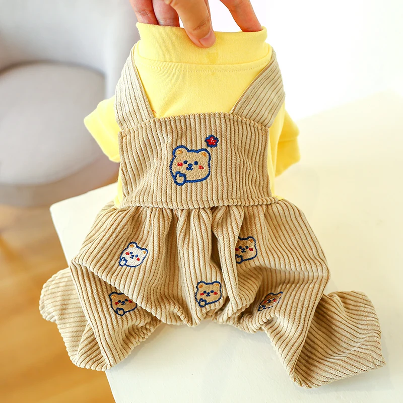 

New Style Pet autumn and winter clothes Cute cartoon pet dog clothes bear overalls for puppies, Yellow&khaki