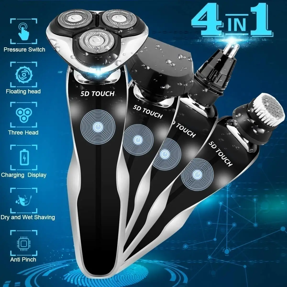 
4 In 1 Dry Wet Waterproof Electric Shaver for Men Rechargeable Beard Trimmer USB Cordless Nose Trimmer Facial Cleaning Brush 