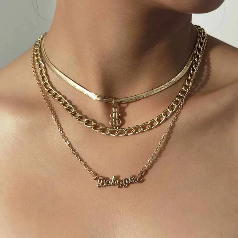 

Vintage handmade babygirl letter pendant necklace popular snake chain dollar sign multilayer necklace