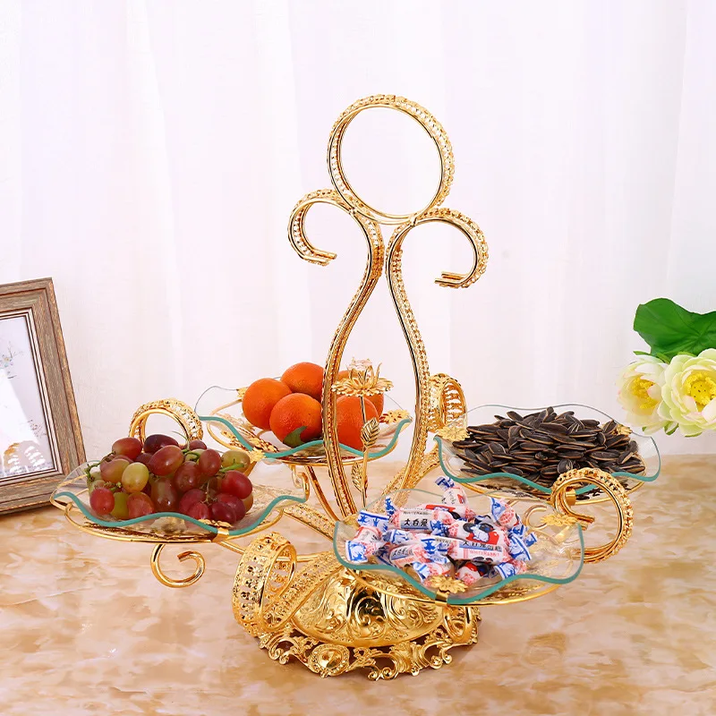 

QIAN HU Wedding Home Decoration Gold Metal Tiered Tray Glass Plate Dried Fruit Plate Dry Fruit Plate, Golden