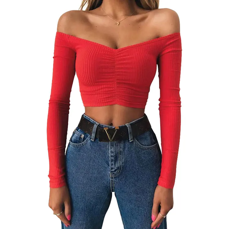 

Lady sexy V neck long sleeve T-shirt off shoulder cropped top women short tees