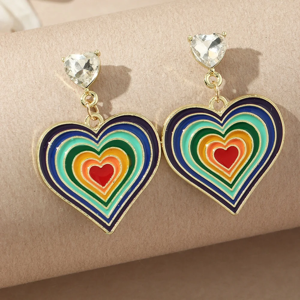 

Jachon Bohemia Ethnic Multicolor Enamel Heart Shape Earrings Oil Drip Rainbow Heart Drop Earrings, As pictures