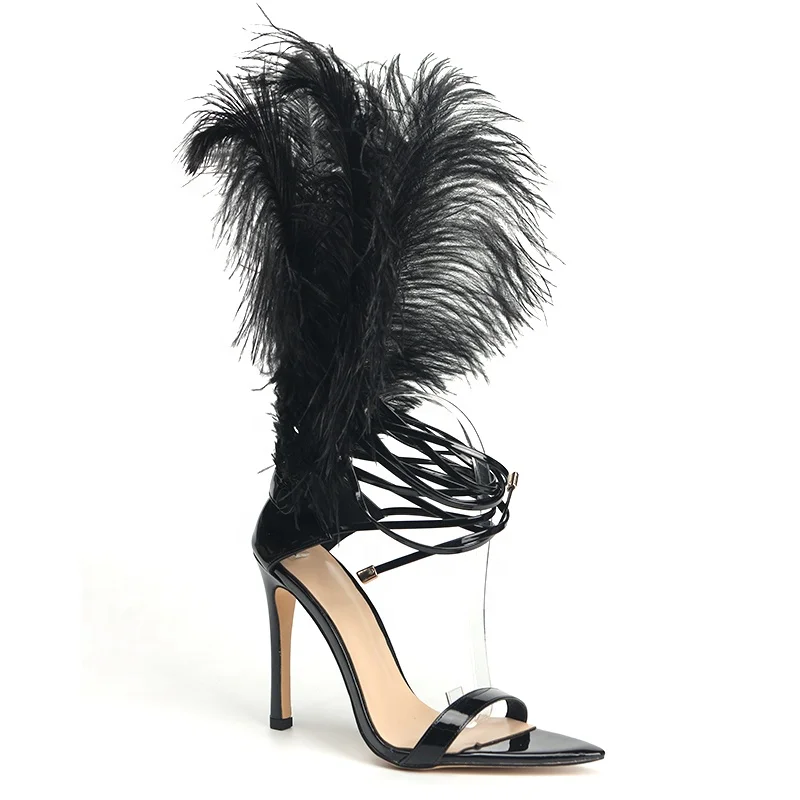 

2021 New Style High Heel Peep Toe Feather Sandals Black Lace Up Stiletto Sexy Women Leather Sandals