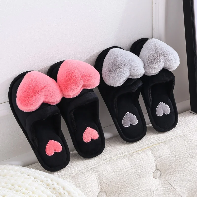 

winter warm ladies fuzzy fluffy fur plush sweet heart home indoor open toes slipper