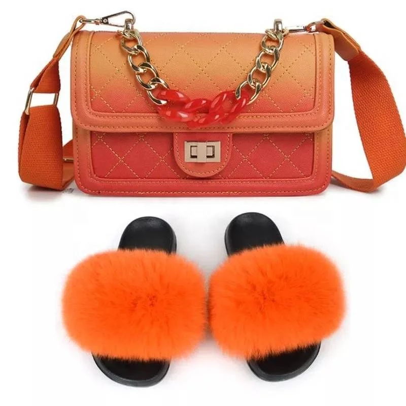 

Real Fox Fur Soft Slides And Jelly Purse Sets Extra Fluffy Slippers With Purses Fuzzy Furry Sandals And Bags Women Shoes Summer, Black pink blue orange