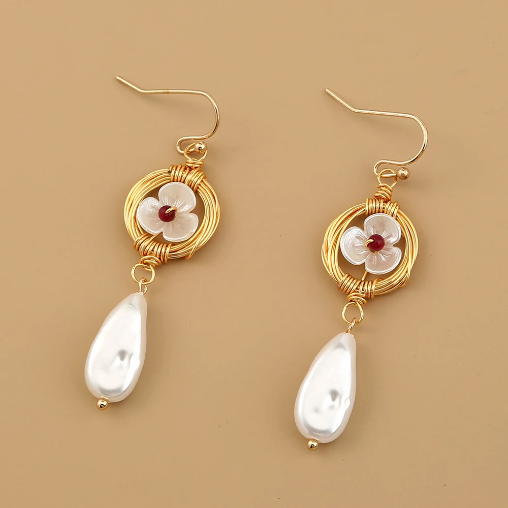 

Delicate Deep Red Natural Stone Flower Baroque Pearl Real Gold Hook Earrings Woman Jewelry