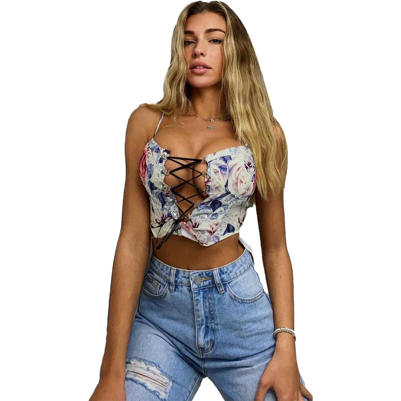 

2021 spring new style European and American style hollowed-out chest strap color printed sling top ladies sexy top, Colorful