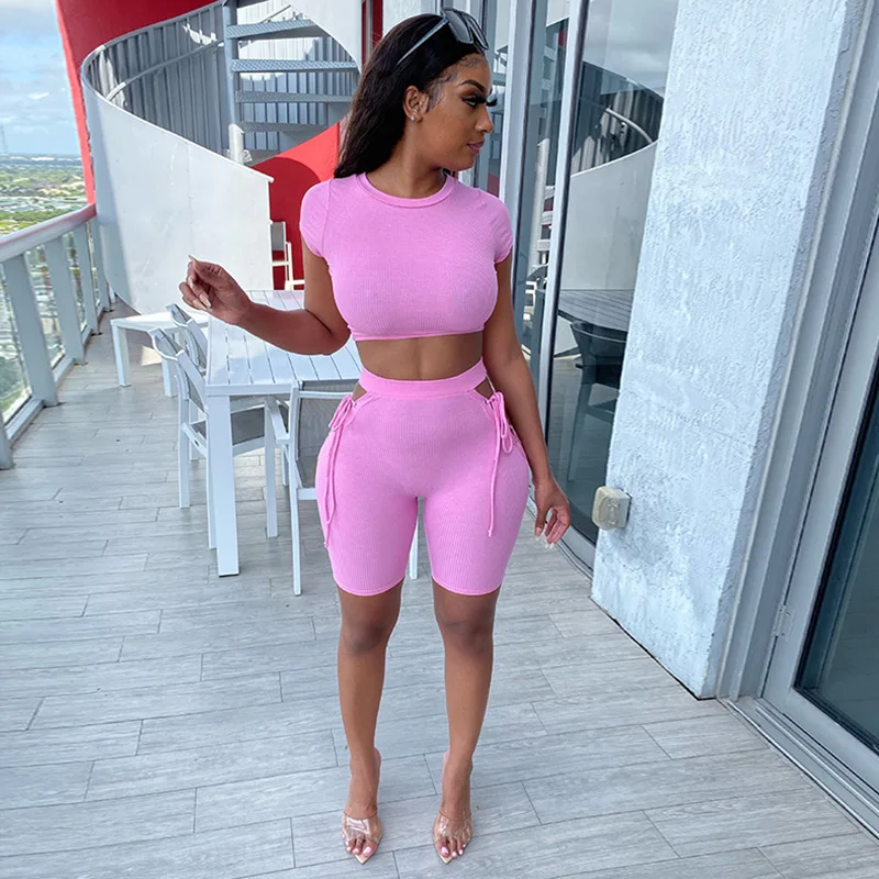 

2021 Casual 3 Color Trendy Crop Top O-neck rib knit Short Sleeve Hollow Out Bandage 2 Piece Biker Shorts Women Set, Pink black white