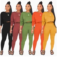 

Fashion Street-style Adult Solid Round Neck Long Sleeve Top Pencil Pants Two Piece Set Women Training & Jogging Wear