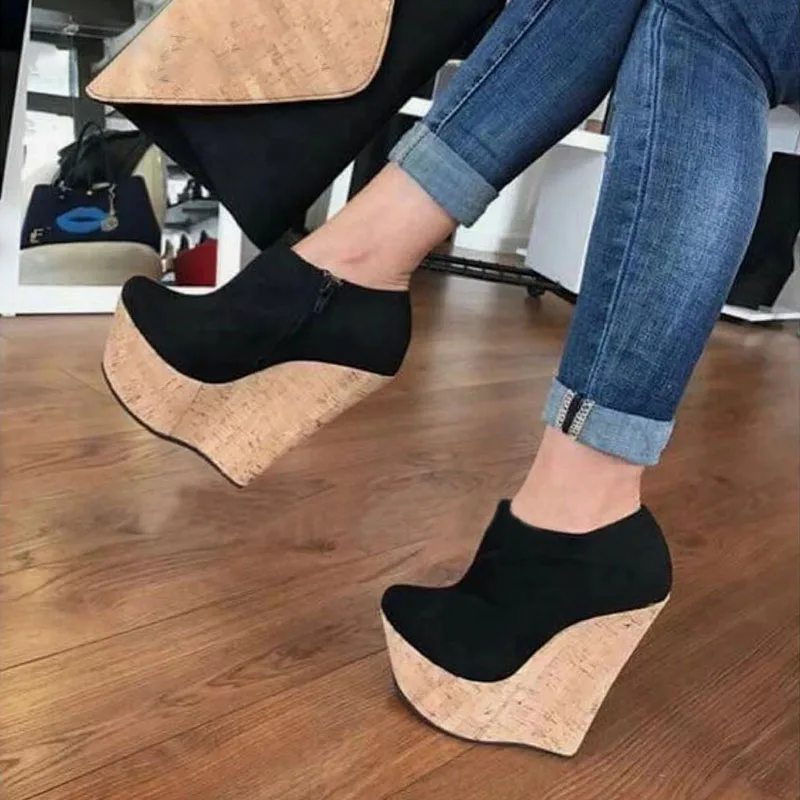 

Flock Ankle Chelsea Boots Fashion Round Toe Wedges High Heels Shoes For Women NEW Spring/Autumn Ladies Shoes Zapatos De Mujer, Black