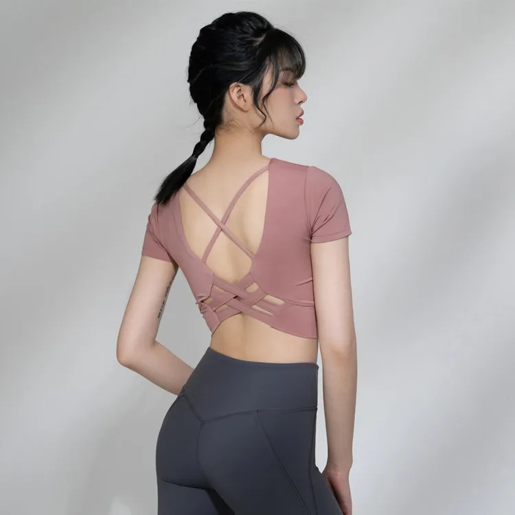 

Wholesale Spot Yoga Fitness Running Shirt Mesh Sport Wicking Quick Dry T-Shirt Gym Clothes Women