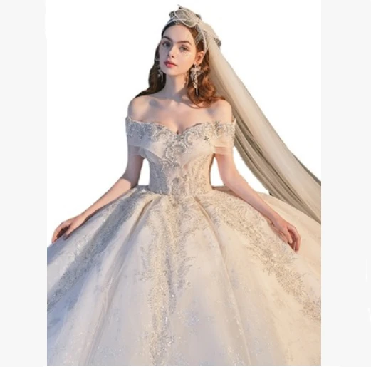

2021 new main wedding dress bride trailing temperament champagne one-shoulder starry princess wedding dress
