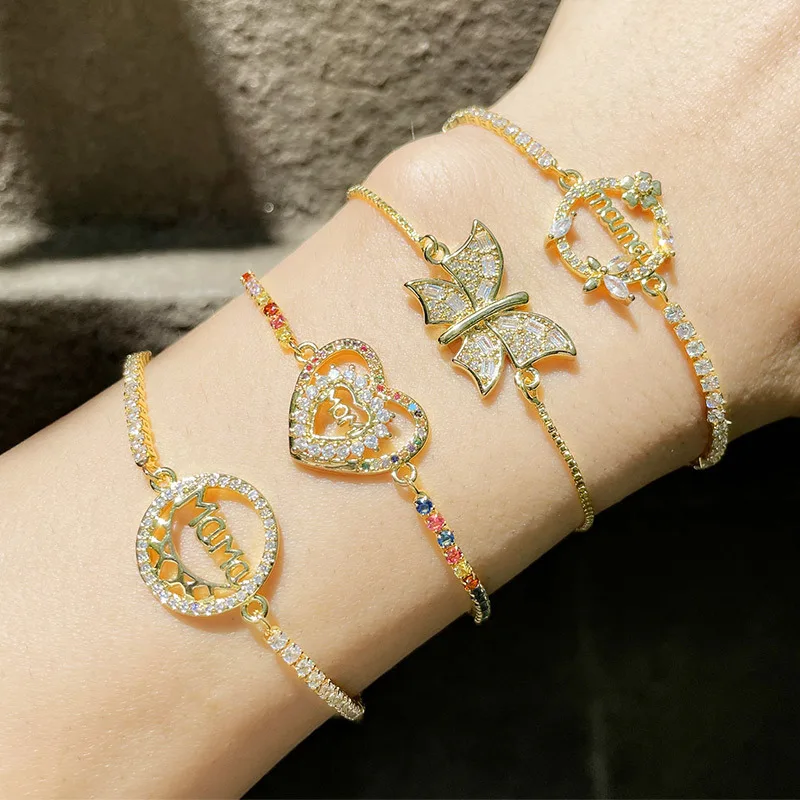 

18k Gold Plated CZ Zircon Butterfly Adjustable Bracelets Rainbow Cubic Zirconia Mom Heart Bracelet for mothers day