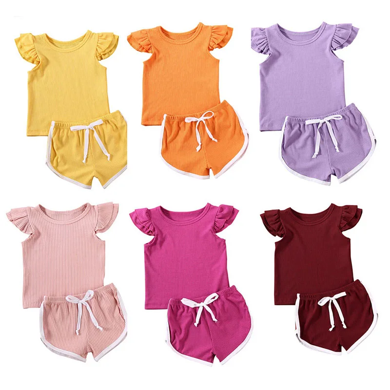 

RTS solid color summer children boutique clothing set flutter ruffle sleeve short girls outfit, As picture show
