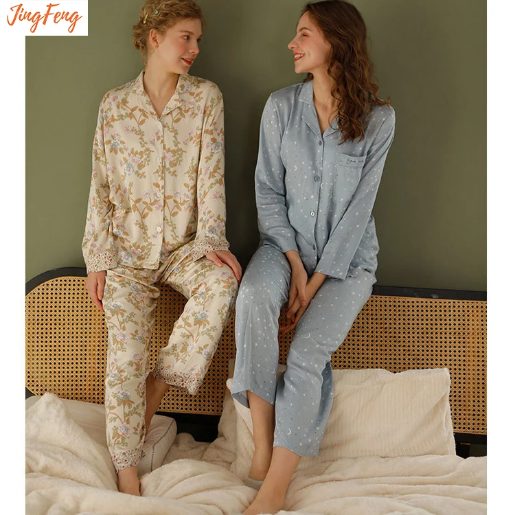 

Spring 2021 elegant natural satin print pajamas set stars moon pyjamas set