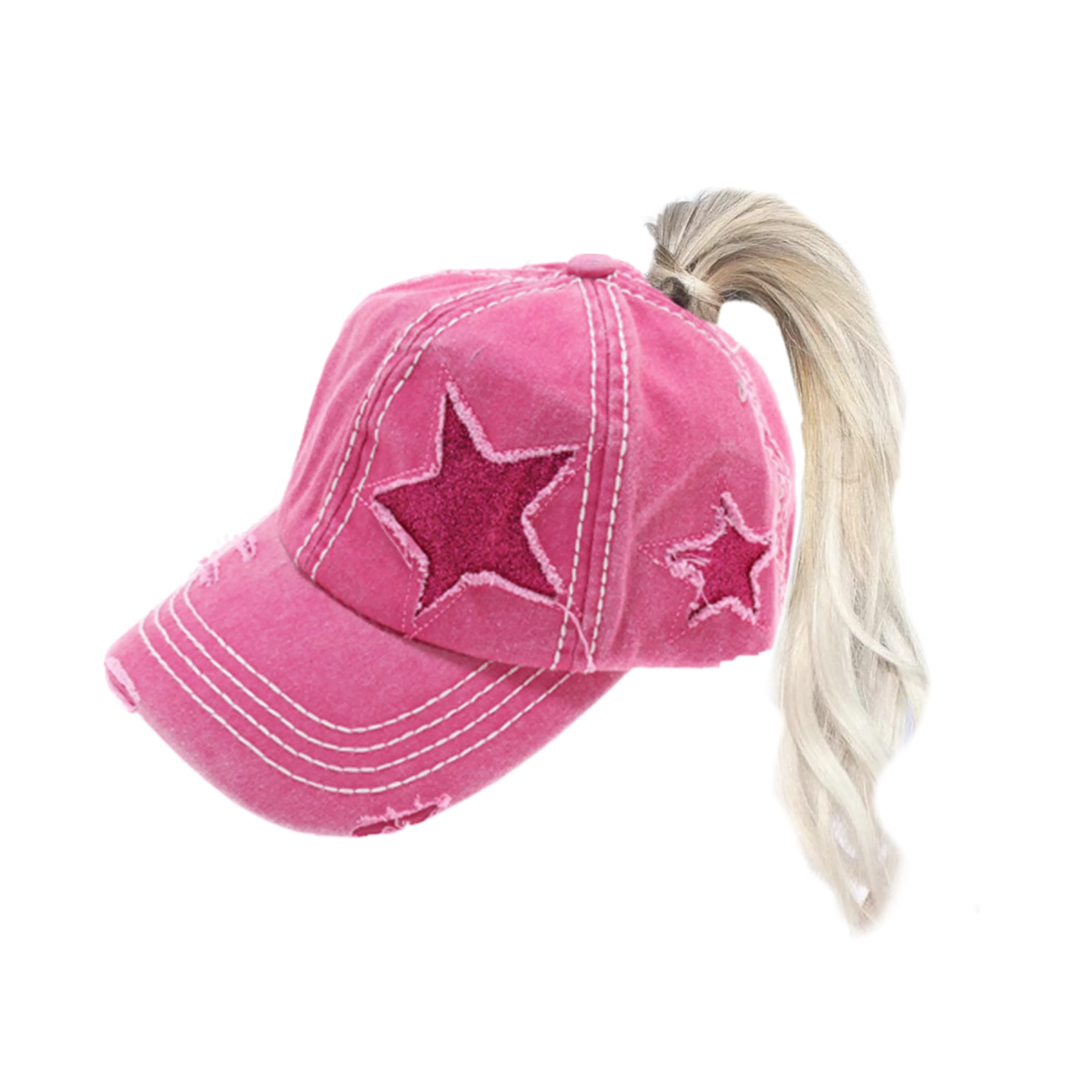 messy bun with baseball cap