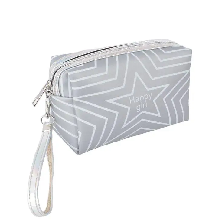 

Cheap Wholesale Start Printing PU Shiny Cosmetic bag Makeup Bag with Handle