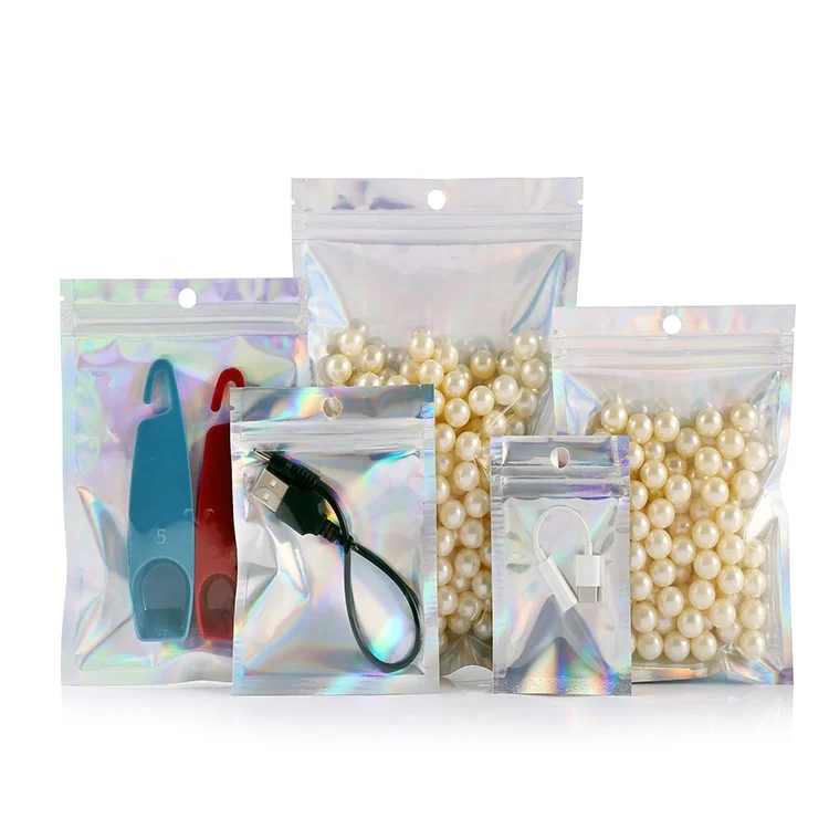 

Smell Proof holographic Bags Resealable Mylar packaging Bags for jewelry lip gloss candy etc