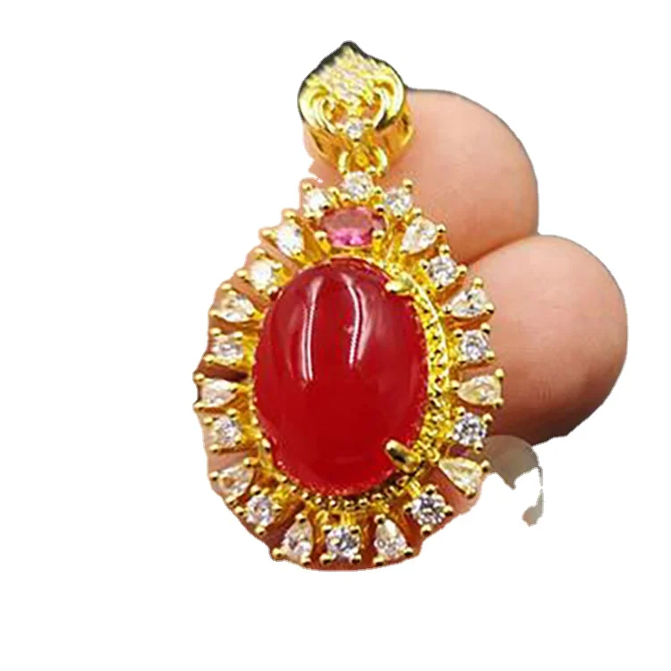 

925 Bright Gold Inlaid Red Agate Egg-Shaped Pendant Red Chalcedony Pendant