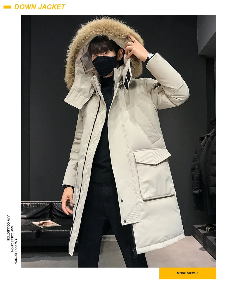 Japanese Long Black Down Jacket Coat Men Fur Parka Winter Long Trench Coat For Men