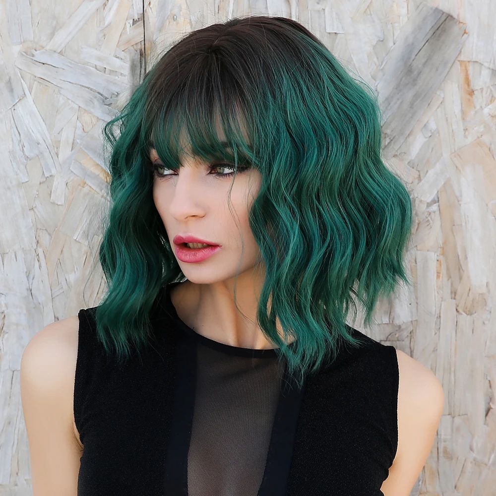 

BVR New Black To Green Ombre Wigs Long Curly Wave Women Synthetic Hair Wigs, Dark green