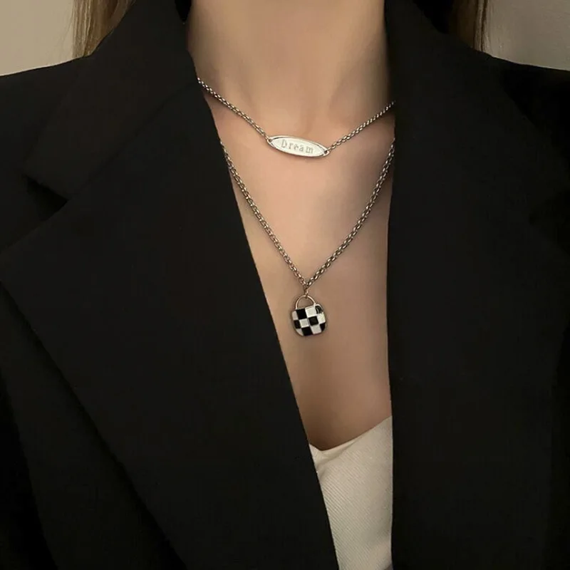 

Fashion Design Checkerboard Checker Necklace High Quality Letter Black and White Checkered Necklace Jewelry, Silver