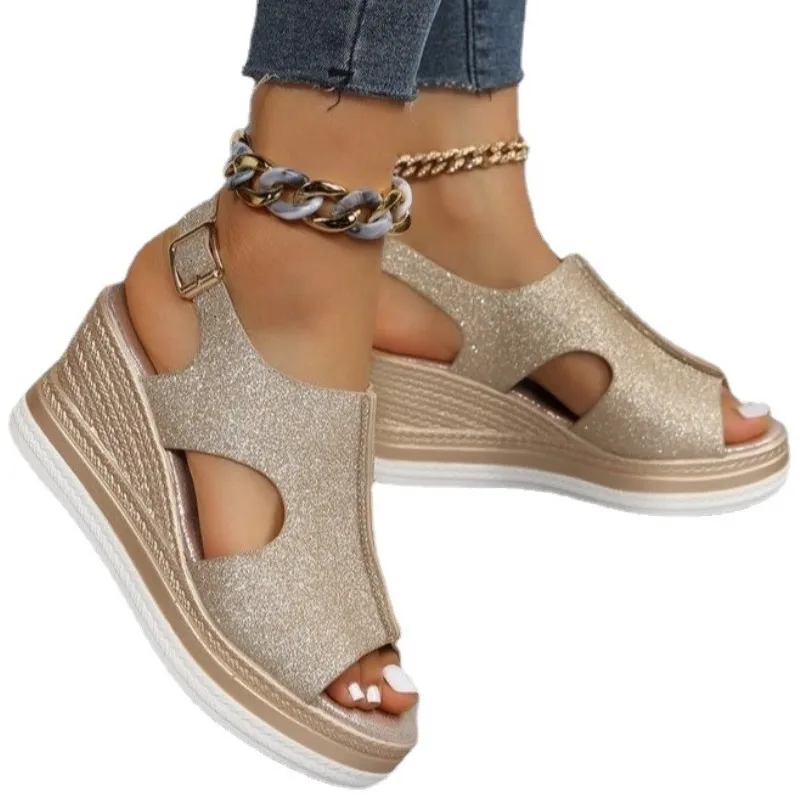 

Dropshipping Custom Logo Glitter Color Golden Silver Women Casual Wedges Sandals Buckle Beach Platform Sandals for Ladies