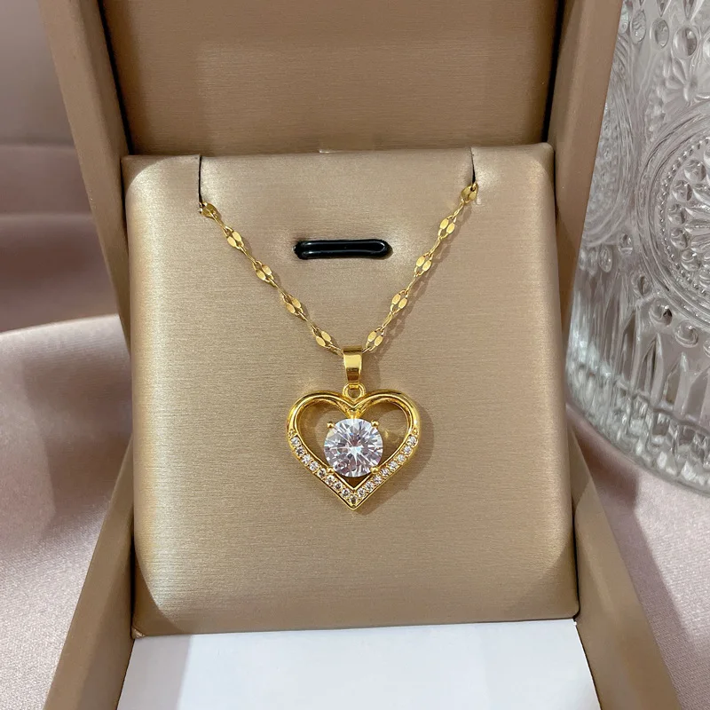 

Luxury Minimalist Jewelry 14k Gold Plated Stainless Steel Heart Necklace Sparkling Zircon CZ Heart Pendant Necklace Gifts Jewel