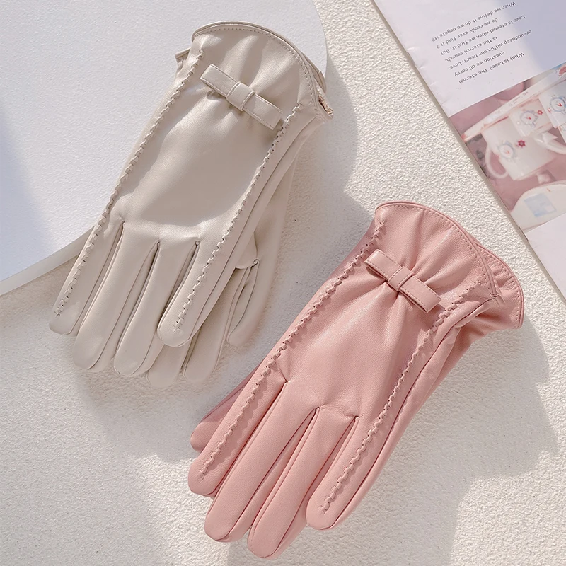 Fashion Girls Touch Screen Driving Faux Leather Outdoor Thermal Pink Women PU Leather Gloves