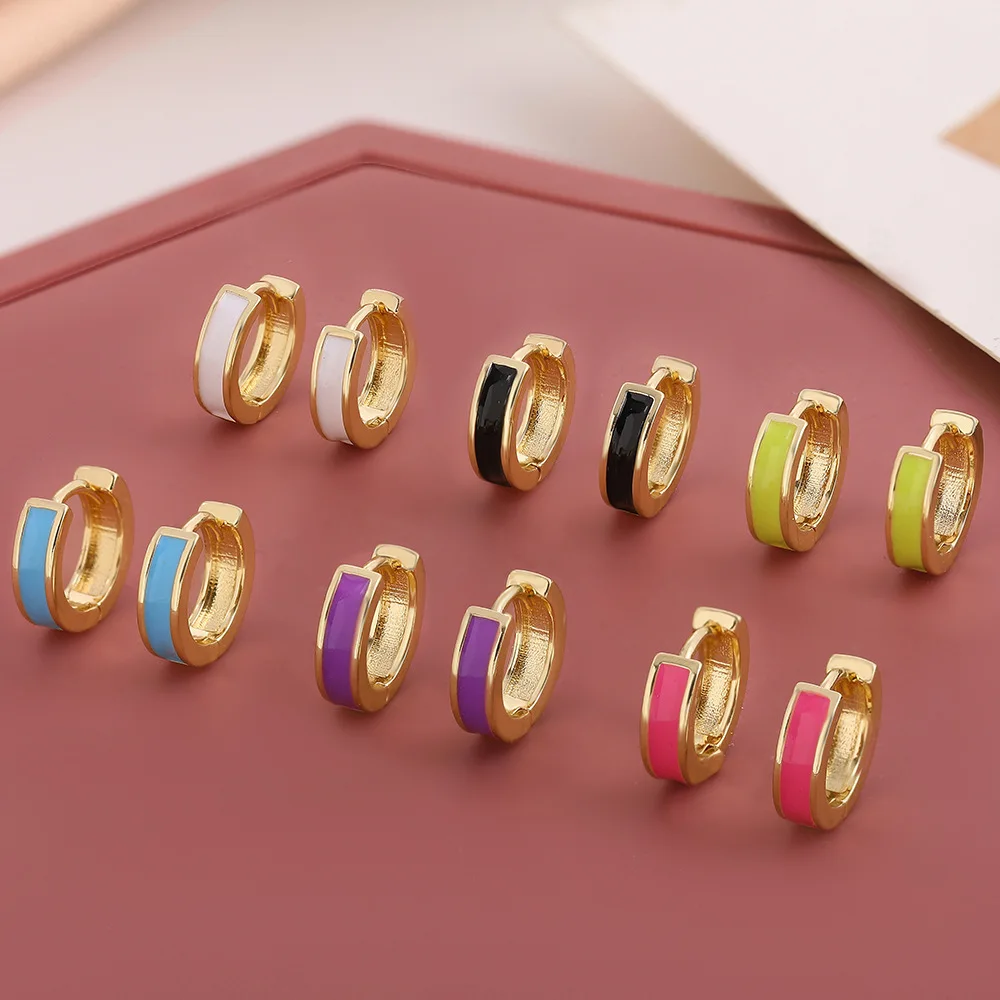 

Minimalist 18k Gold Plated Multicolor Driping Oil Round Circle Huggie Earrings Tiny Enamel Hoop Earrings, As pictures