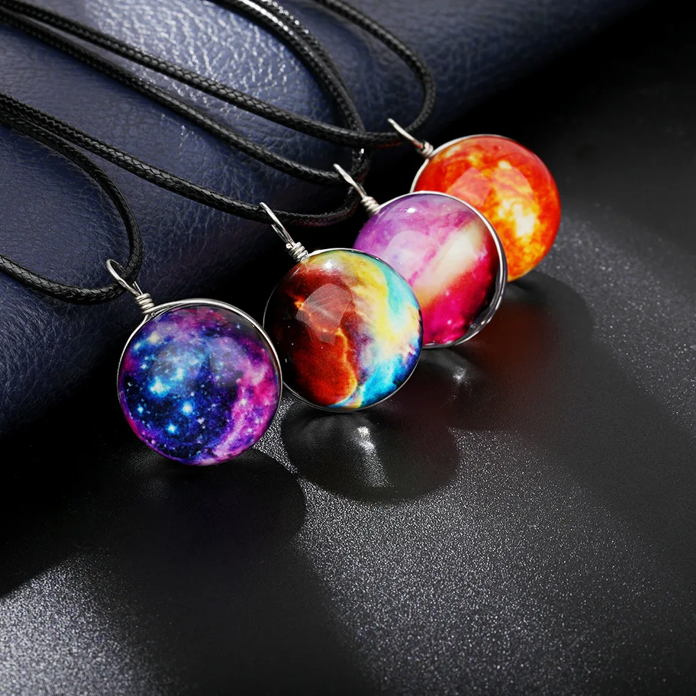 

Wholesale Fantasy Universe Star Noctilucence Necklace Handmade Leather Rope Glass Crystal Small Ball Pendant Necklace