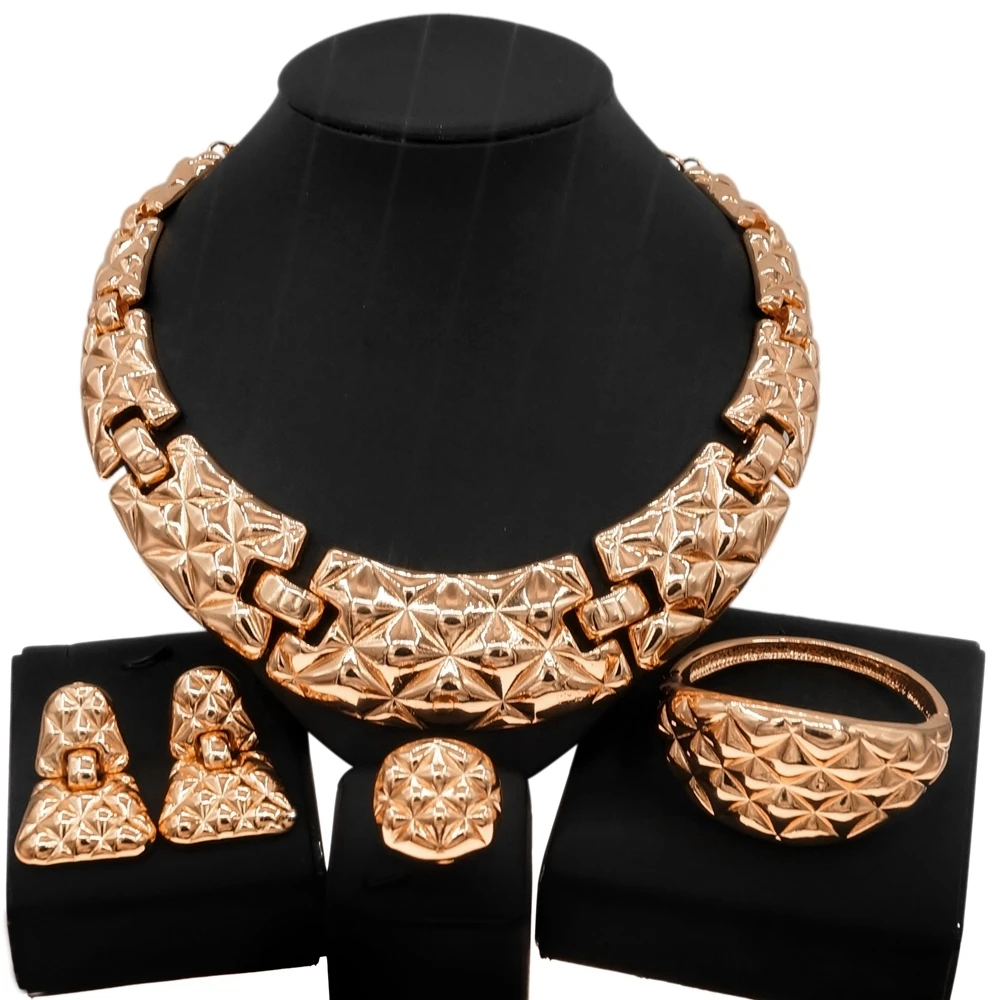 

Yulaili Woman 18K Italian Gold Costume Jewelry Sets Gold Rose Plating Necklace Bracelet Earring Ring Party Wedding Jewellery Set