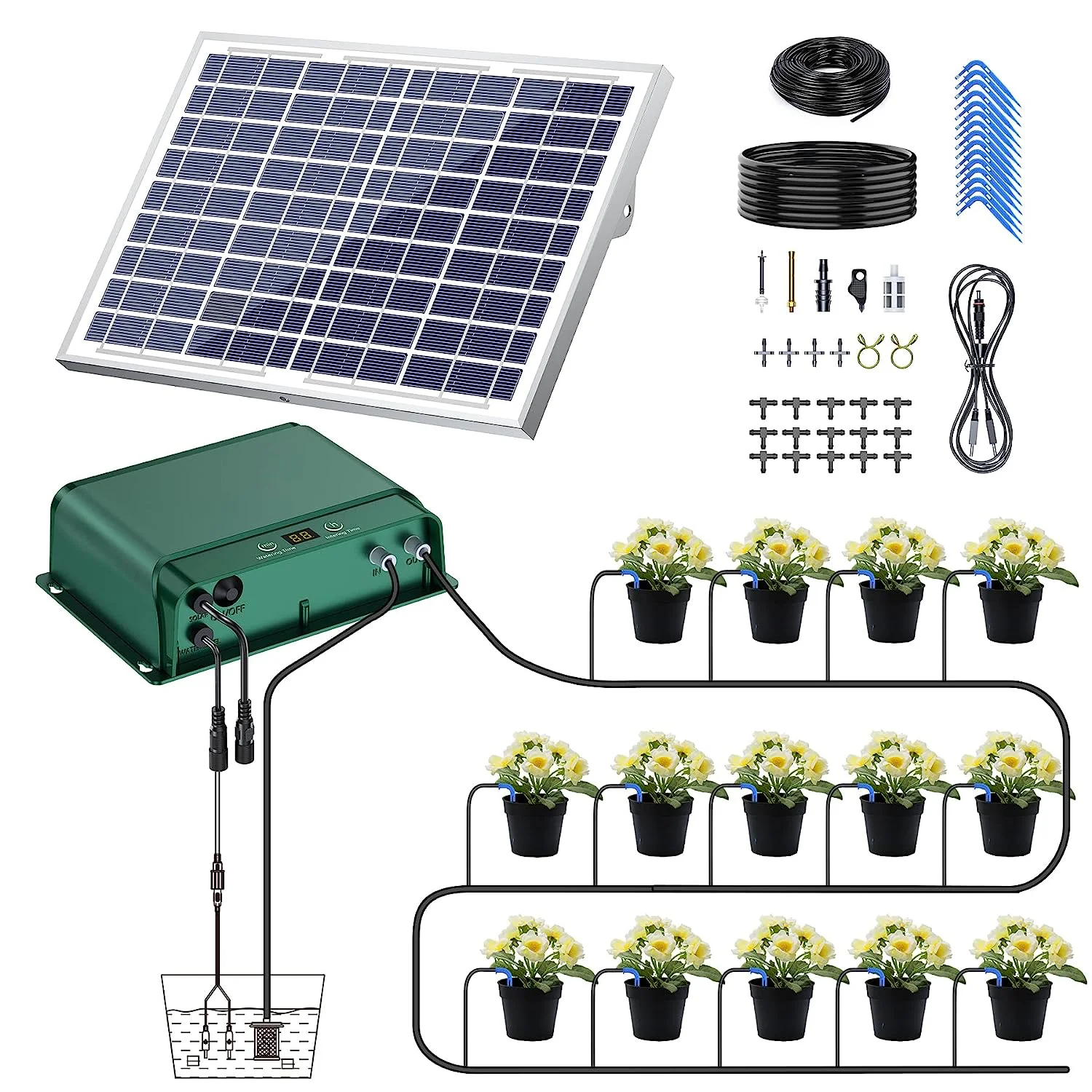 Solar Panel Powered Automatic Dripping Kit Smart Watering Timer Alarming Controller Gardening Plant Drip Irrigation System