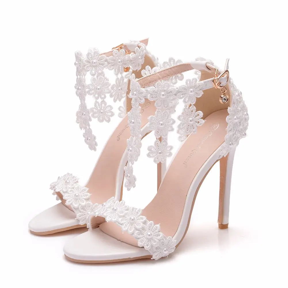 

BS062 Women Ankle Strap Sandals White Lace Flowers Pearl Tassel Super Heel Fine High Heels Slender Bridal Wedding Shoes, As the picture
