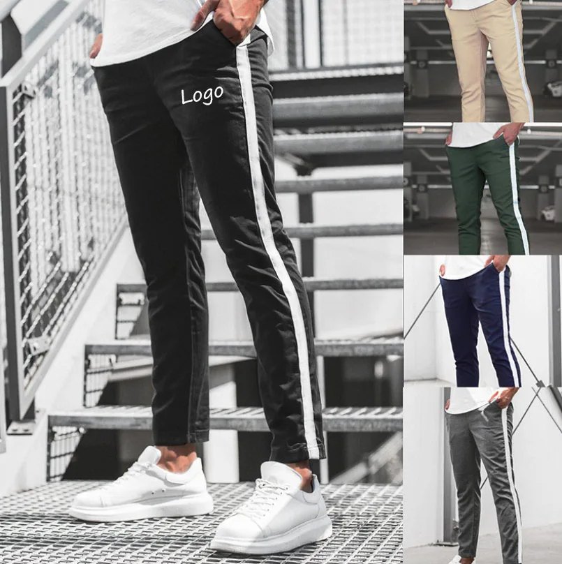 

Best Selling Pure Color Sports Side Stripe Casual Trousers Mens Trend Straight Leg Pencil Pants, As picture