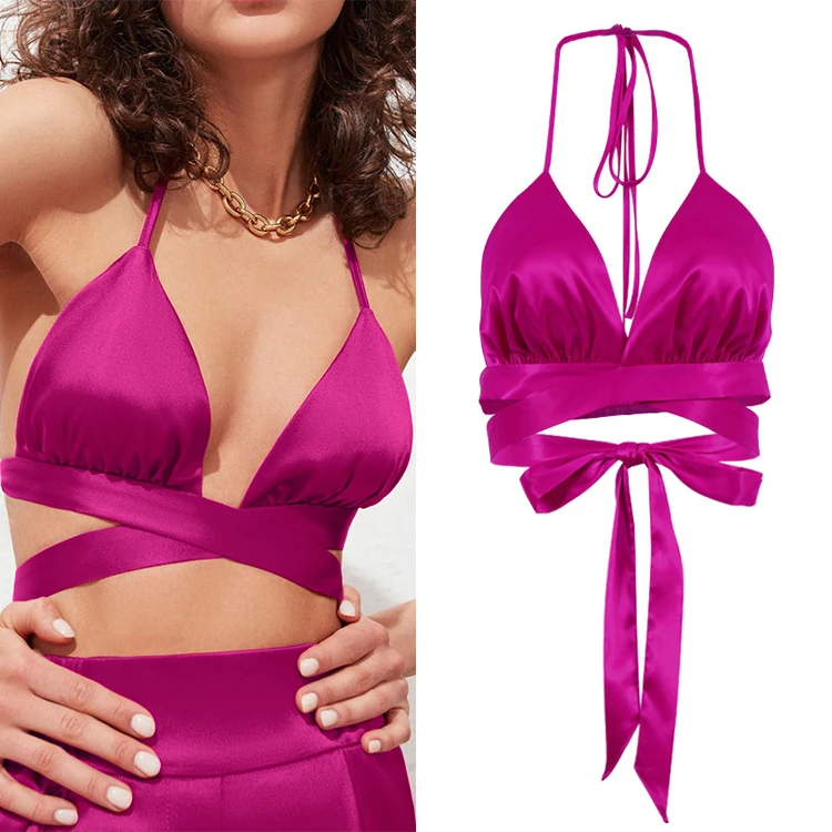 

Wholesale New Trend Elastic Pleated Red Satin Halter Camisole Lace Up Cross Bra Backless Sexy White Crop Tops For Women 2021, Colorful