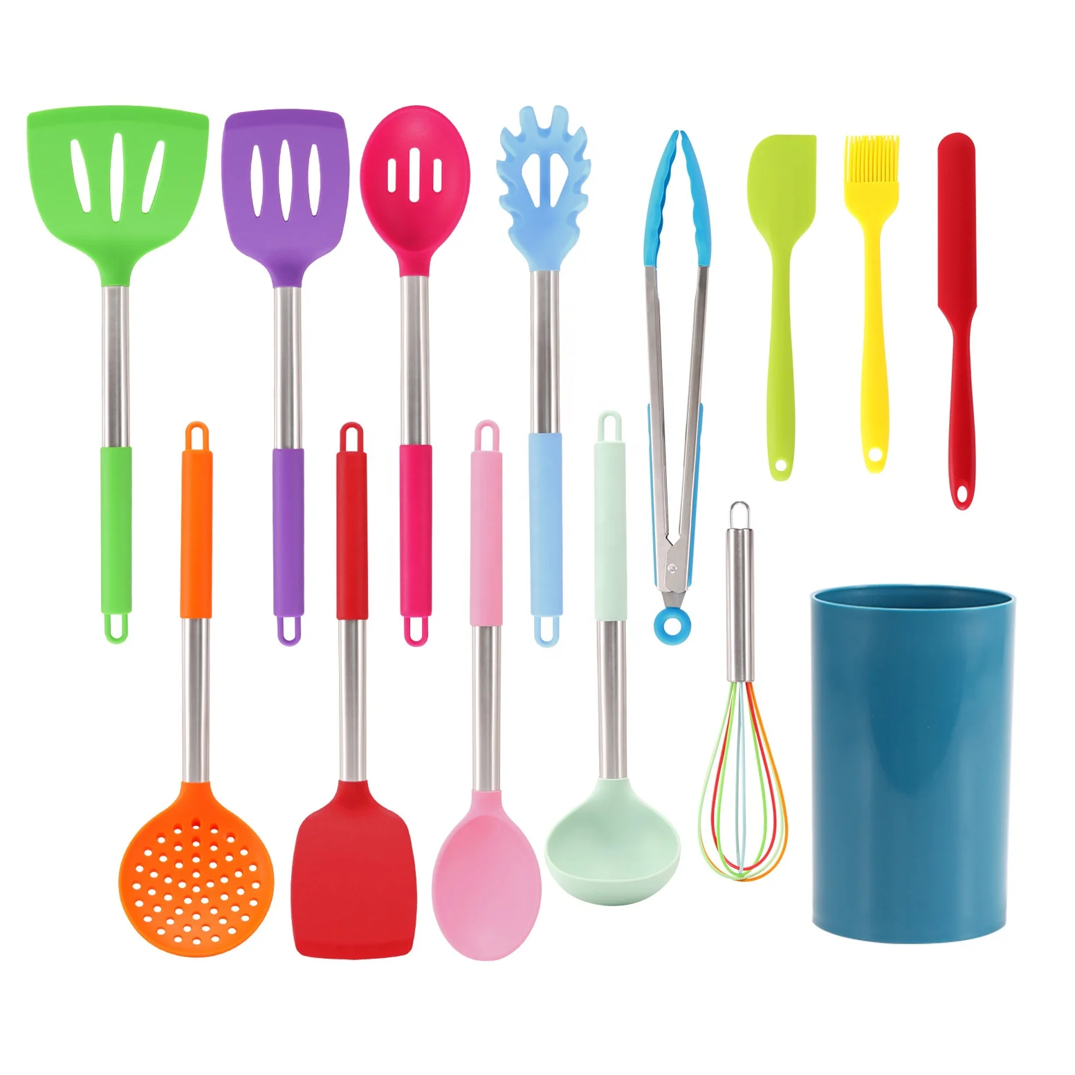 

Amazon best seller 15pcs silicone kitchen accessories stainless steel handle utensils cookware tools set with PP holder, Variety