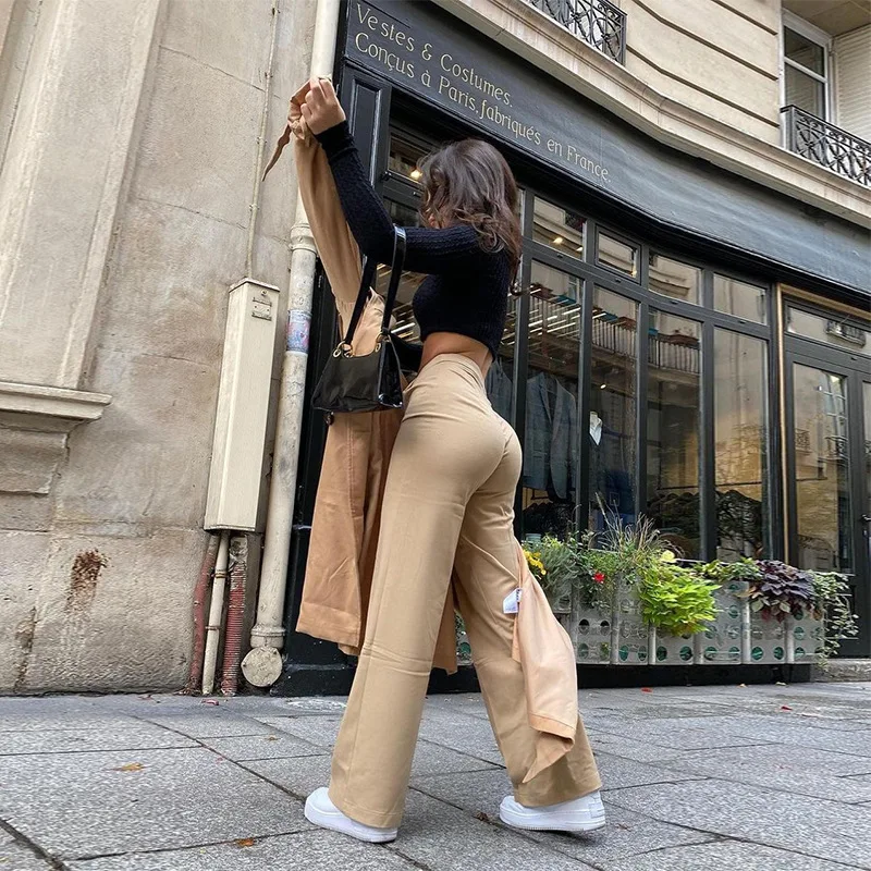 

Trend Elegant High Waist Straight Loose Ruched Woman Khaki Trousers Pants, Customized