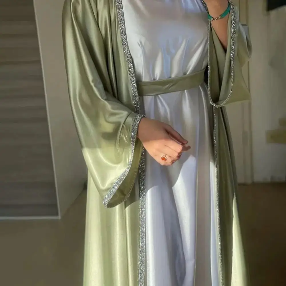 

Fashion Modest Abaya Two-Piece Solid Color Diamond Sequin Embroidery suit Muslim Black Muslim Robe Women Ramadan EID
