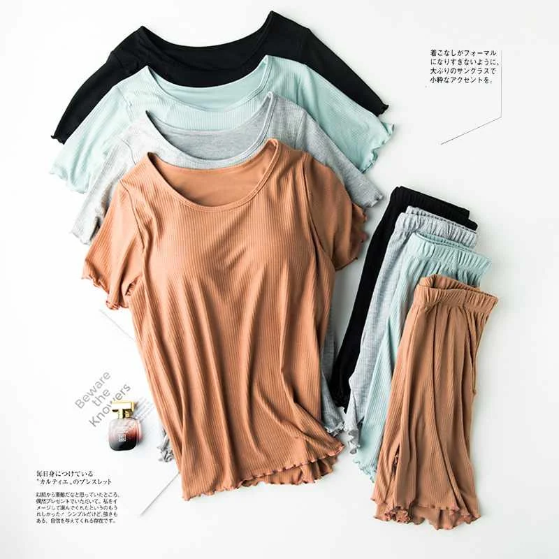 

Threaded cotton with chest pad sleepwear short sleeve knitted one half sleeve + shorts sleepwear solid color simple large size s
