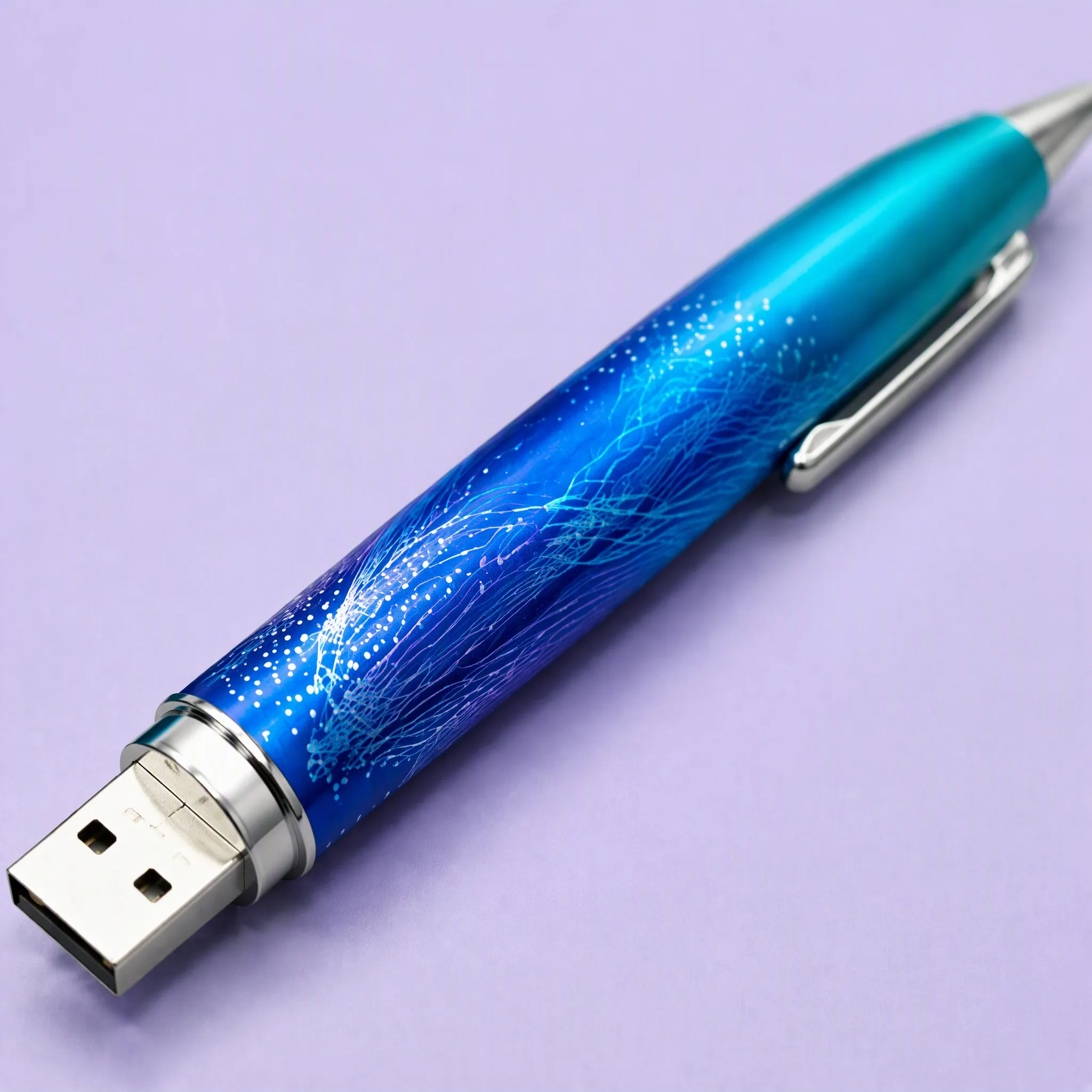 Low-Angle Perspective along Luminous Blue Pen Barrel Highlighting Bioluminescent Jellyfish Stippling