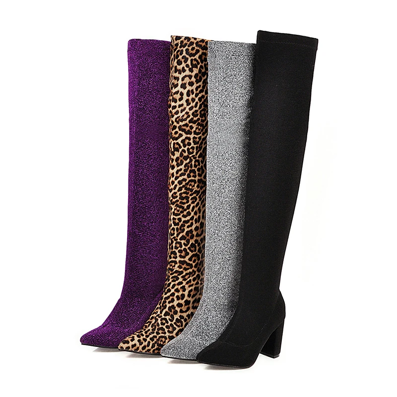 

Stretch Fabrics Fashion Leopard Over The Knee High Boots Winter Sexy Square High Heel Slip on Women Shoes Size 34-43, Black/ leopard/purple/silver