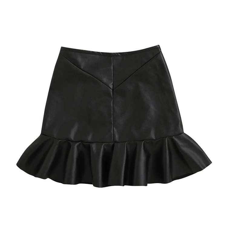 

hot selling black leather skirt for baby girl fashion elastic waist ruffle pu pleated skirt wholesale toddler kids clothes