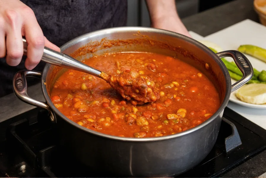 Chef stirring a pot of chili on stove to demonstrate natural reduction method for thickening